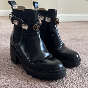 Gucci Glossy Black Ankle Boots with Crystal Embellishments